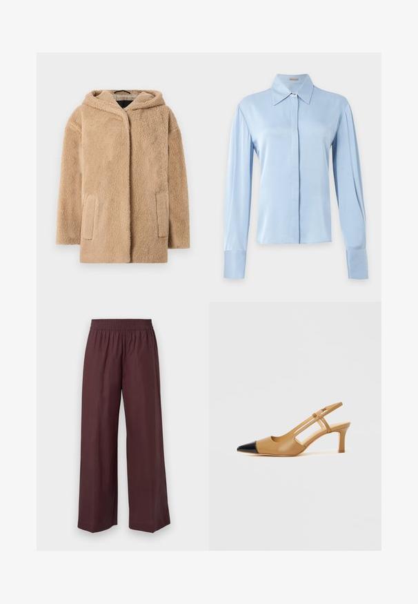 Manteau en fausse fourrure beige avec capuche, doté d'une coupe décontractée et de deux poches avant. La texture est douce et duveteuse, augmentant la chaleur.; Blouse bleu clair à manches longues avec col pointu et boutons cachés à l'avant, présentée sur un fond uni gris clair.; Pantalon bordeaux à jambes larges en tissu léger, doté d'une ceinture élastique et de coutures nettes et simples sans motifs supplémentaires.; Escarpins slingback couleur fauve avec embout pointu noir, côtés découpés et talon bloc de hauteur moyenne. Matière en cuir lisse.