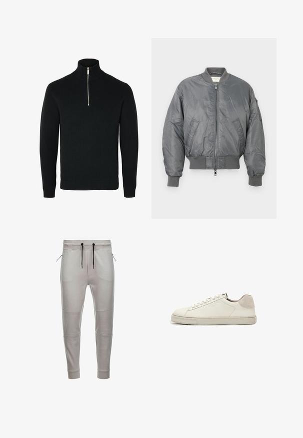 Grå bomberjakke lavet af blank nylon med ribbede manchetter og kant, med lynlås foran og sidelommer. Inkluderer en lomme på ærmet.; Sort langtærmet strikket sweater med ribbet høj krave og en sølv halv lynlås foran i midten.; Lys grå joggingbukser lavet af blødt stof med elastisk talje, sorte snore, sidelommer med lynlås og ribbede manchetter ved anklerne.; Hvid lavtopet lædersneaker med hvide snørebånd, let struktureret sål og lys grå ruskinds-hælpatch, sideudsigt.
