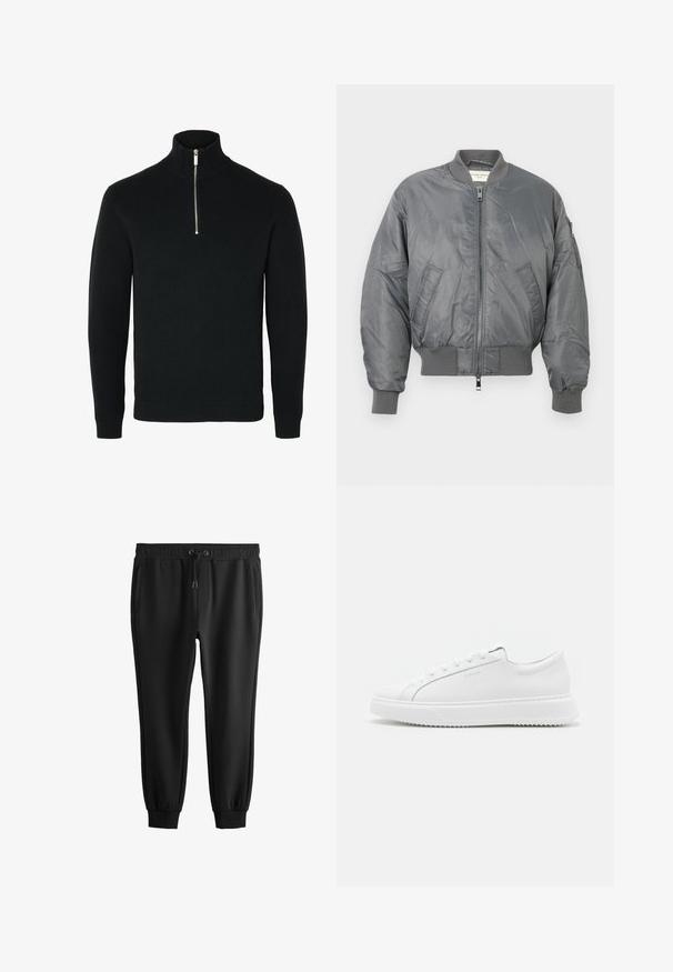 Graue Bomberjacke aus glänzendem Nylon mit gerippten Bündchen und Saum, ausgestattet mit einem Frontreißverschluss und Seitentaschen. Mit einer Ärmeltasche.; Schwarzer langärmeliger Strickpullover mit einem gerippten hohen Kragen und einem silberfarbenen Halbreißverschluss in der vorderen Mitte.; Schwarze, zulaufende Jogginghosen mit elastischem Bund, Kordelzug, Seitentaschen und gerippten Bündchen an den Knöcheln.; Weiße Sneakers aus glattem synthetischem Material. Sie verfügen über ein niedriges Design, eine erhöhte weiße Sohle, eine abgerundete Zehenpartie und eine Schnürung mit fünf Ösen.