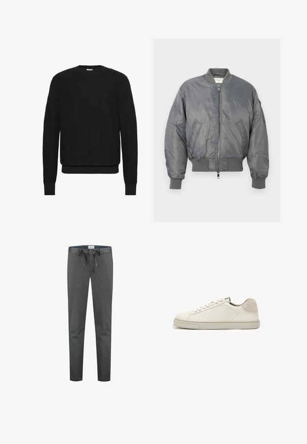 Veste bomber grise en nylon brillant avec des poignets et un ourlet côtelés, dotée d'une fermeture éclair à l'avant et de poches latérales. Comprend une poche sur la manche.; Pull noir en maille à manches longues avec col rond, poignets et ourlet côtelés, présentant un petit logo discret sur le côté gauche de la poitrine.; Pantalons gris extensibles avec une texture lisse, taille à cordon de serrage et fermeture à bouton. Présente un design ajusté et des coutures minimales visibles.; Baskets basses en cuir blanc avec lacets blancs, semelle légèrement texturée et patch en daim gris clair au talon, vue latérale.