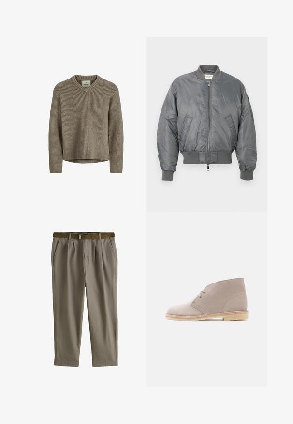 Chaqueta bomber gris hecha de nylon brillante con puños y dobladillo acanalados, que presenta una cremallera frontal y bolsillos laterales. Incluye un bolsillo en la manga.; Suéter de punto acanalado beige con escote en V y mangas largas. Textura suave, ajuste relajado y dobladillo recto sin aberturas laterales.; Pantalones plisados color topo con bolsillos laterales y un cinturón marrón con hebilla plateada, mostrados sobre un fondo blanco.; Bota corta de ante beige con cordones de dos ojetes, suela de crepé y tacón bajo apilado, vista lateral sobre un fondo liso.