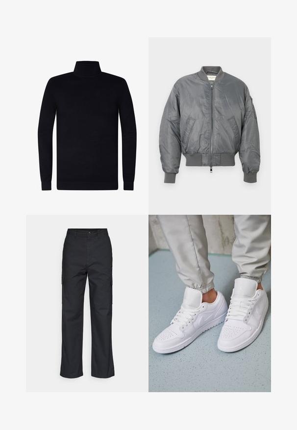Grå bomberjakke lavet af blank nylon med ribbede manchetter og kant, med lynlås foran og sidelommer. Inkluderer en lomme på ærmet.; Sort turtleneck sweater, ribbede manchetter og krave, blødt strikstof, let design, lange ærmer, ingen synlig branding eller mønstre.; Sorte cargo bukser med lige ben i designet, der har sidelommer og et tekstureret stof. Knaplukning i taljen for en sikker pasform.; Hvide lædersneakers har en perforeret tåboks, flade snørebånd, polstret krave og Jordan-logoet på tungen. Båret med grå joggers.