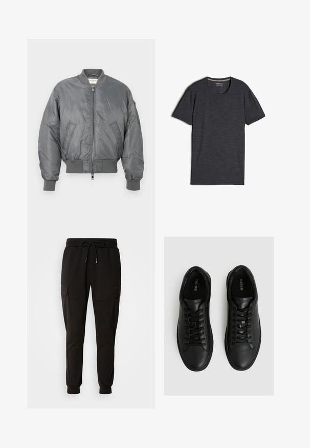 Chaqueta bomber gris hecha de nylon brillante con puños y dobladillo acanalados, que presenta una cremallera frontal y bolsillos laterales. Incluye un bolsillo en la manga.; Camiseta de manga corta de color negro con hebras de lana merino, que presenta un cuello redondo y una tela suave, con una ligera textura.; Pantalones de chándal negros con cintura elástica y cordón. Presenta bolsillos tipo cargo a los lados y puños elásticos en los tobillos.; Zapatillas de piel negra con un acabado suave, presentando una puntera redonda, un diseño de cordones con seis ojales y una suela de goma de perfil bajo.