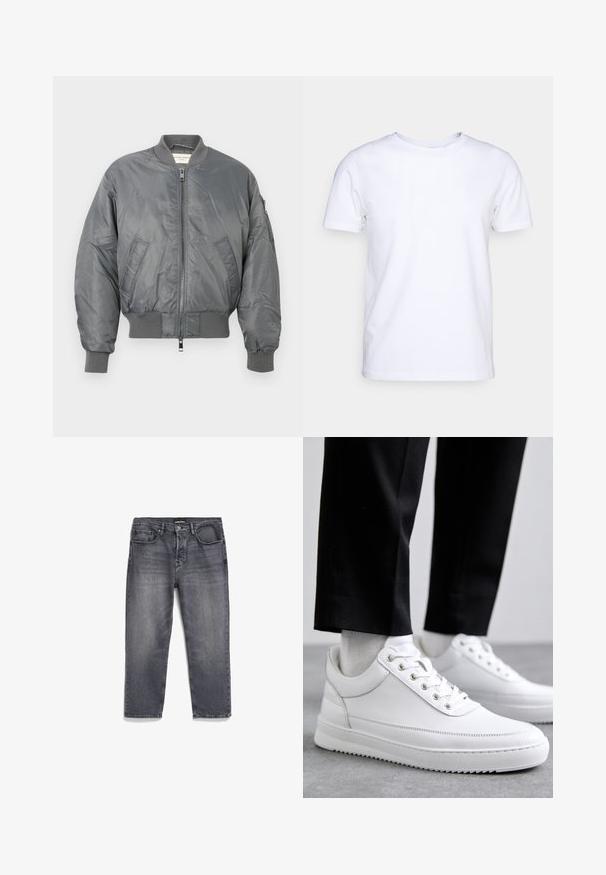 Grijze bomberjack gemaakt van glanzend nylon met ribgebreide mouwen en zoom, voorzien van een rits aan de voorkant en zijzakken. Inclusief een zak op de mouw.; Witte katoenen t-shirt met korte mouwen en een ronde hals. Eenvoudig ontwerp zonder patronen of accenten. Glad textuur.; Grijze denim jeans met een vervaagde afwerking, met een rechte snit, vijf zakken ontwerp en een licht versleten uitstraling.; Witte leren sneakers met een platte rubberen zool, met een soepele afwerking, ronde neus en metalen oogjes voor de veters. Draag ze met een zwarte broek.