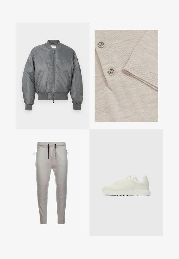 Grå bomberjakke lavet af blank nylon med ribbede manchetter og kant, med lynlås foran og sidelommer. Inkluderer en lomme på ærmet.; Lys beige cardigan med en fin strikstruktur. Har tre metalliske knapper og ribbede manchetter for et struktureret finish.; Lys grå joggingbukser lavet af blødt stof med elastisk talje, sorte snore, sidelommer med lynlås og ribbede manchetter ved anklerne.; Hvide lædersneakers med struktureret overdel, rund tå, flad hvid sål og tonede snørebånd. Subtil branding på tungen.