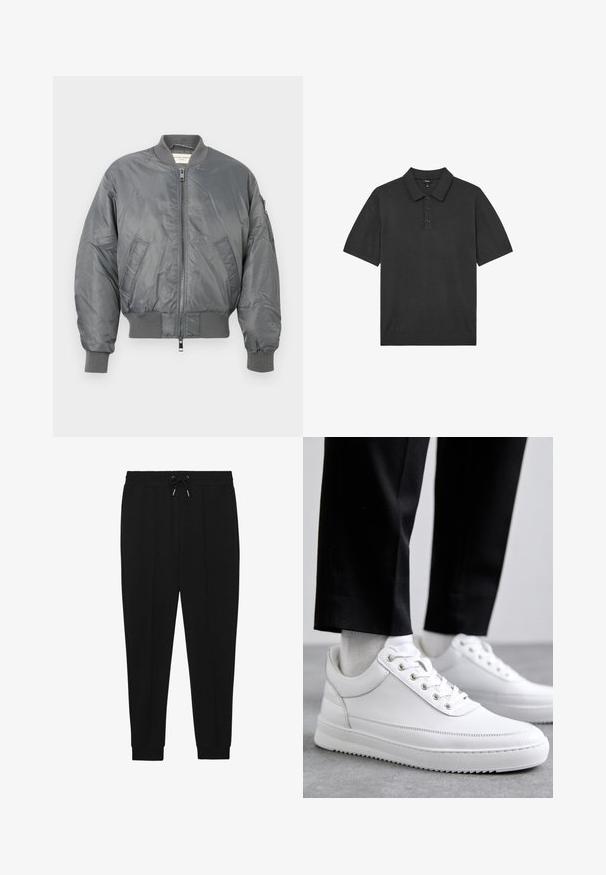 Grijze bomberjack gemaakt van glanzend nylon met ribgebreide mouwen en zoom, voorzien van een rits aan de voorkant en zijzakken. Inclusief een zak op de mouw.; Zwart poloshirt met korte mouwen, drieknoopsluiting en gebreide kraag, plat weergegeven op een witte achtergrond.; Zwarte sportbroek met een trekkoord in de taille, taps toelopende benen en ribbels aan de manchetten. Gemaakt van een zachte stof met een gladde textuur.; Witte leren sneakers met een platte rubberen zool, met een soepele afwerking, ronde neus en metalen oogjes voor de veters. Draag ze met een zwarte broek.