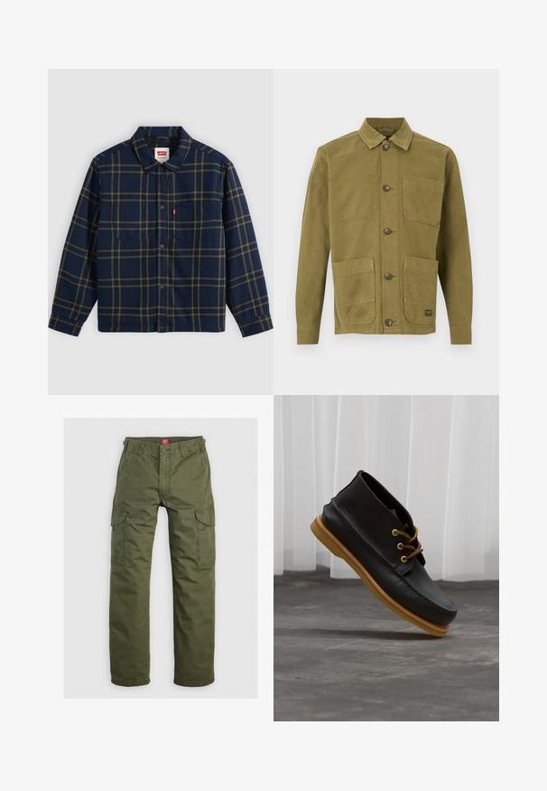 Marineblauw en olijfgroen geruit overhemd met knopen, kraag en twee borstzakken, Levi's rood label op de linker borstzak.; Olijfgroene katoenen jas met een kraag, voorzien van twee voorzakken en een knoopsluiting. Gestructureerde stof met zichtbare stikseldetails.; Olijfgroene cargobroek gemaakt van duurzame stof, met zijzakken, een knoopsluiting en een rechte pijpdesign.; Zwarte leren schoenen met een gladde afwerking, ronde neus, bruine veters en lichtbruine rubberen zolen. Logo gegraveerd aan de zijkant.