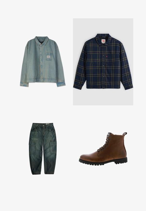 Marineblaue und olivgrüne karierte Hemd mit Knöpfen, Kragen und zwei Brusttaschen, rotes Levi's-Etikett auf der linken Tasche.; Hellblaues Jeansjackett mit spitzem Kragen, langen Ärmeln, Brusttasche und sichtbaren Nähten; lockere Passform und abgenutzte Textur.; Dunkelgrüne Cargohose mit geknöpften Klappentaschen an den Oberschenkeln und vorne, Gürtelschlaufen und Knopfverschluss an der Taille.; Braune Lederstiefeletten mit strukturiertem Finish, metallischen Ösen und schwarzer Gummisohle. Mit Zuglasche hinten für einfaches An- und Ausziehen.