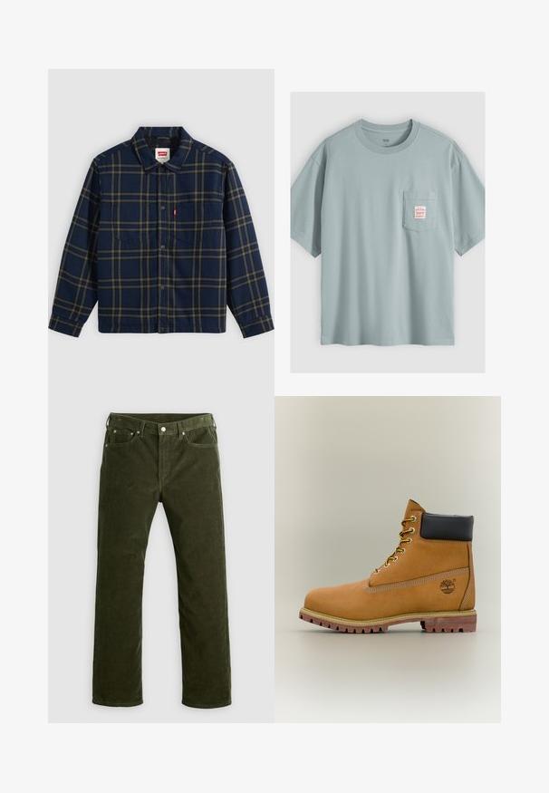 Marineblauw en olijfgroen geruit overhemd met knopen, kraag en twee borstzakken, Levi's rood label op de linker borstzak.; Lichtblauw katoenen T-shirt met korte mouwen en een borstzakje met een klein wit label met rode tekst.; Olijfgroene corduroy rechte pijpen broek met voorknop, ritssluiting, riemlussen en vijf-vakken ontwerp op een witte achtergrond.; Bruine leren enkellaars met zwarte kraag, gele veters en een zandkleurige zool. Voorzien van een logo en witte stikseldetails. Robuuste loopzool met grip.