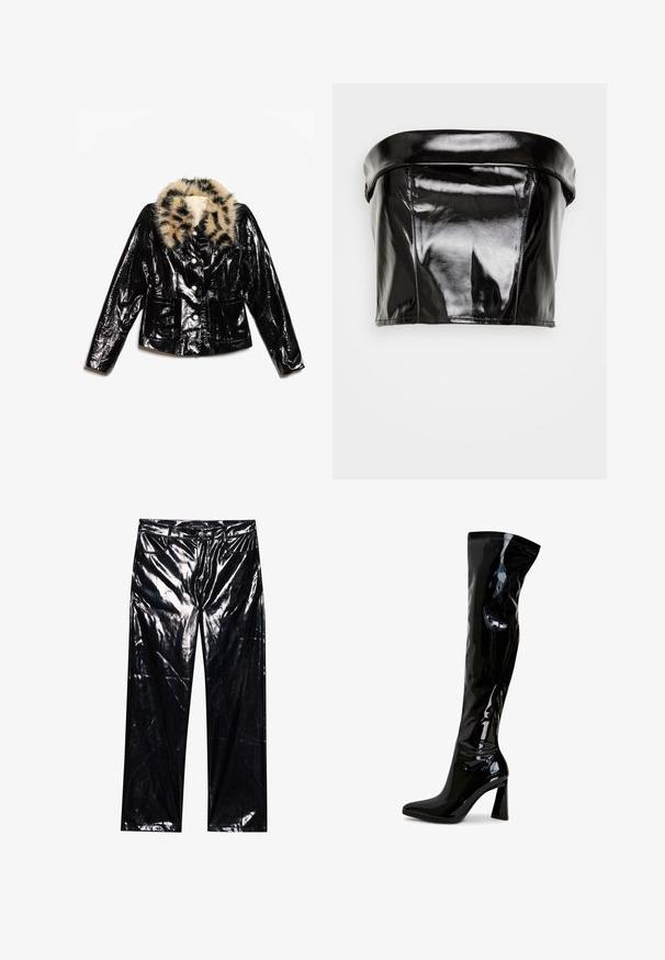 Sort laklæderjakke med en leopardfaux-fur krave, præsenterer et cropped design, frontknaplukning og to forlommer.; Gina Tricot TUBE - Top - black; Sorte, højglans, faux læderbukser med brede ben, klassisk fem-lomme design, knap- og lynlåslukning samt blank overflade.; Sorte laklæderstøvler, der går til låret, med spids snude, firkantet blokhæl og glat, blank tekstur. Ingen synligt hardware.