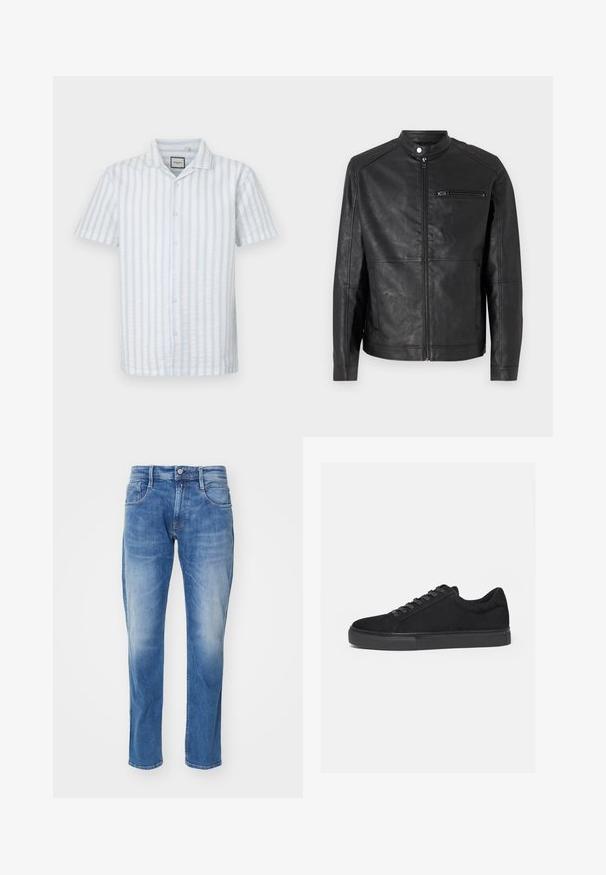 Schwarze Lederjacke mit Stehkragen, Frontreißverschluss und horizontalen Steppnähten an den Schultern. Verfügt über eine Reißverschlusstasche auf der Brust.; Hemd mit kurzen Ärmeln in hellblau und weißen vertikalen Streifen. Aus leichtem Stoff mit einem Camp-Kragen und fünf Knöpfen gefertigt.; Hellblaue Jeans aus Denim mit geradem Bein, fünf Taschen, dezentem Verblassen und einem normalen Bund mit Knopfverschluss.; Schwarzer Low-Top-Sneaker mit Schnürung vorne und flacher Gummisohle, seitlich auf weißem Hintergrund dargestellt.