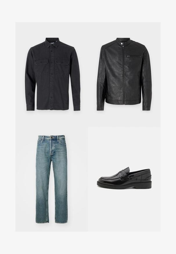 Veste en cuir noir avec col montant, fermeture éclair à l'avant et détails de surpiqûres horizontales sur les épaules. Dispose d'une poche poitrine zippée.; Chemise à manches longues, de couleur gris foncé, à boutons, en mélange de coton, avec deux poches poitrine et col classique.; Jeans en denim bleu clair avec une coupe droite, un design à cinq poches et des coutures visibles. Comprend un bouton en métal et une fermeture éclair.; Mocassins en cuir noir avec une finition lisse, un bout rond, un petit talon et descoutures décoratives à l'avant. Semelle en caoutchouc pour l'adhérence.