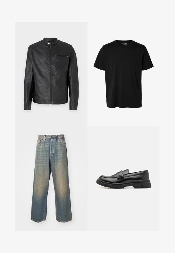 Schwarze Lederjacke mit Stehkragen, Frontreißverschluss und horizontalen Steppnähten an den Schultern. Verfügt über eine Reißverschlusstasche auf der Brust.; Schlichtes schwarzes T-Shirt mit kurzen Ärmeln und Rundhalsausschnitt in Herrenform, ohne sichtbare Muster oder Logos auf der Vorderseite.; Hochgeschnittene, gerade geschnittene, ausgewaschene blaue Jeans mit Ziertaschen vorne und einem Knopfverschluss vor hellem Hintergrund.; Schwarze Lederloafer mit einem breiten Riemen über dem Rist, Gummisohle mit dicken Profilen und glatter Textur. Klassisches, schlankes Design.