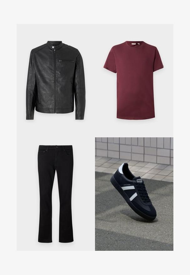 Musta nahkatakki, jossa on pystykaulus, etuvetoketju ja va horizontal-ompeleet olkapäillä. Varustettu vetoketjullisella rintataskulla.; Burgundy crew neck t-paita pehmeästä puuvillasta, lyhyet hihat, klassinen malli, suora helma ilman kuvioita tai varusteita.; Mustat denim-farkut suoralla lahkeella, viiden taskun tyyli ja hillityt ompeluyksityiskohdat. Materiaali on pehmeää ja mattapintaista.; Mustat nahkakengät valkoisilla raidoilla, teksturoitu kumipohja ja nauha edessä. Varustettu merkkitarralla kielen päällä.