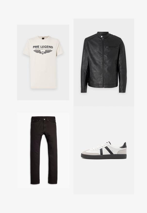 Chaqueta de cuero negra con cuello alzado, cremallera frontal y detalles de costura horizontal en los hombros. Cuenta con un bolsillo en el pecho con cremallera.; Camiseta de algodón color crema con un estampado oscuro que dice "PME LEGEND AMERICAN CLASSIC" con gráficos de alas debajo del texto.; Pantalones vaqueros negros de corte slim con cinco bolsillos y cierre de botón, mostrados de forma plana sobre un fondo blanco.; Zapatilla blanca con acentos en negro y gris, que presenta una puntera texturizada en gris, suela de goma negra y cordones planos blancos. Diseño limpio, estilo minimalista.