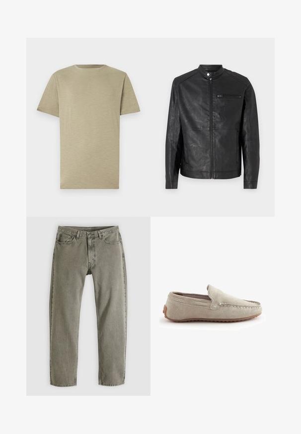 Sort læderjakke med ståkrave, frontlynlås og vandret stikninger på skuldrene. Har en lynlåslomme på brystet.; Lys khaki t-shirt, korte ærmer, rund hals, blød tekstur, glat stof, uden mønstre eller detaljer, lige snit, neutral farve.; Grå denimjeans med lige ben, for- og baglommer, bæltestropper og knaplukning, lagt fladt på en hvid baggrund.; Beige ruskinds slip-on mokkasin med rund tå, syninger langs kanten og gummisål. Glat overflade med fleksibel pasform.