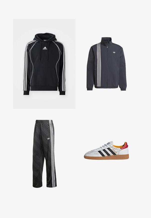 Chaqueta negra con cremallera y cuello alto, con tres rayas verticales blancas en el lado izquierdo y un pequeño logo en el pecho. Material ligero.; Sudadera negra de Adidas con rayas blancas en las mangas, ribete blanco en el frente, bolsillo tipo canguro en el delantero y capucha con cordones.; Pantalones deportivos de poliéster negros con un patrón texturizado, con franjas blancas en los costados y un pequeño logo en la parte delantera. Cintura elástica.; Zapatilla Adidas Spezial blanca con rayas negras, suela de goma, patrón acolchado, lengüeta roja en el talón y forro interior amarillo, vista lateral.