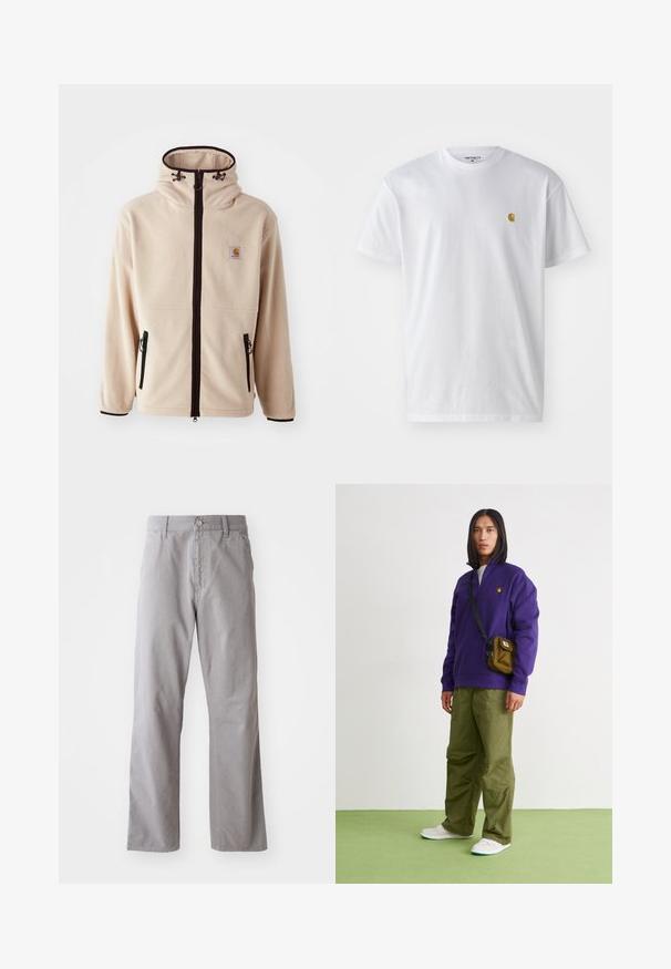 Beige fleecejakke med høj krave, sorte lynlåse og sidelommer. Har et logo patch på brystet og kontrastfarvet sort kanterne.; Hvid bomulds t-shirt med korte ærmer, rund hals og et lille guld logo på venstre brystområde. Blød tekstur og almindelig pasform.; Grå bomuldsbukser med lige ben-design, der har en frontknaplukning og bæltestropper. Glat tekstur og minimal detaljer.; Jordan AIR JORDAN 1 ZM CMFT 2 - Sneakers high - summit white/bicoastal/oxidized green