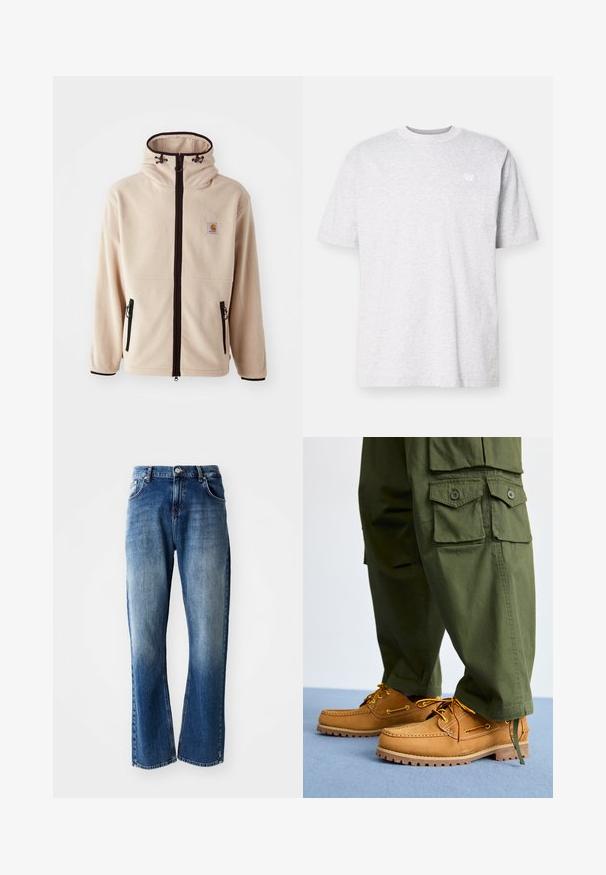 Beige Fleecejacke mit hohem Kragen, schwarzen Reißverschlüssen und seitlichen Taschen. Verfügt über ein Logo-Patch auf der Brust und kontrastierende schwarze Besätze.; Helles graues Baumwoll-T-Shirt mit kurzen Ärmeln, rundem Ausschnitt und einem kleinen weißen Logo auf der linken Brust. Weicher Griff, lässige Passform.; Denimjeans mit geradem Schnitt, hellblauer und dunkelblauer Waschung mit Verblassungen, fünf Taschen und einem Knopfverschluss.; Timberland AUTHENTIC 3 EYE - Bootsschuh - wheat