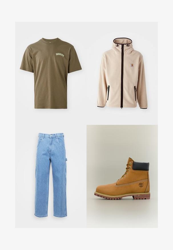 Beige Fleecejacke mit hohem Kragen, schwarzen Reißverschlüssen und seitlichen Taschen. Verfügt über ein Logo-Patch auf der Brust und kontrastierende schwarze Besätze.; Olivgrünes Baumwoll-T-Shirt mit kurzen Ärmeln, Rundkragen und einem kleinen weißen "Dickies"-Logo auf der linken Brust. Glatte Textur.; Hellblaue Denim-Cargohosen mit geradem Bein, Vordertaschen und seitlichen Cargotaschen. Der Stoff hat eine glatte Textur mit einem leicht verwaschenen Finish.; Brauner Leder-Stiefelette mit schwarzem Kragen, gelben Schnürsenkeln und hellbrauner Sohle. Verfügt über ein Logo und weiße Ziernähe. Robuste Profilsohle.