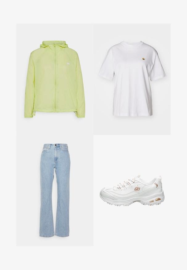 Letthvægt, hættejakke i strålende gul, lavet af glat materiale. Har en fuld lynlås og justerbar snoretræk i kanten.; Hvid bomulds-t-shirt med en afslappet pasform, korte ærmer og et lille broderet logo på venstre brystområde.; Lysblå denimjeans med høj talje, bred benudskæring, med bæltestropper, knaplukning foran og klassisk fem-lommer stil.; Hvide sportsko lavet af glat syntetisk materiale. Har teksturerede detaljer, metallic guld pynt, snørelukning og en polstret sål.