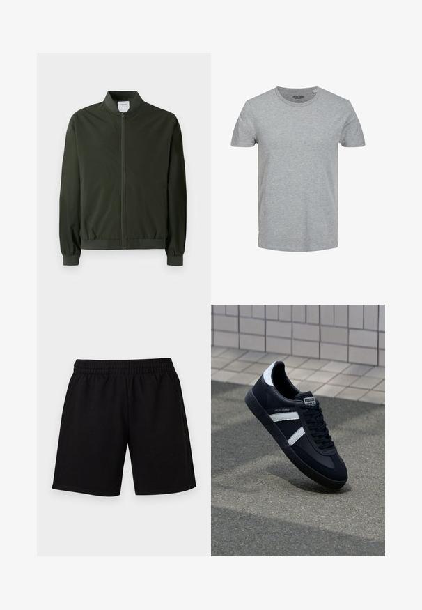 Veste bomber vert olive en nylon lisse, dotée d'une fermeture éclair sur le devant, de poignets côtelés et d'un col arrondi. Aucun motif ou accent visible.; T-shirt gris à manches courtes en coton doux. Doté d'un col ras du cou classique et d'une coupe régulière. Design simple sans motifs ni accents.; Shorts décontractés noirs avec taille élastique et poches latérales, présentés sur un fond clair uni.; Sneaker en cuir noir avec des rayures blanches, semelle en caoutchouc texturée et devant à lacets. Présente une étiquette de marque sur la languette.
