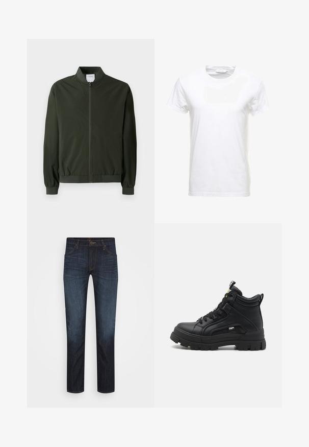 Olivgrüne Bomberjacke aus glattem Nylon, mit einem Reißverschluss vorne, gerippten Bündchen und einem runden Kragen. Keine sichtbaren Muster oder Akzente.; Weißes Baumwoll-T-Shirt mit kurzen Ärmeln, Rundhalsausschnitt und glatter Textur. Etikett am Ausschnitt sichtbar. Einfacher und klassischer Stil.; Dunkelblaue Slim-Fit-Denim-Jeans mit Vordertaschen, Gürtelschlaufen und sichtbaren Nähten, flach auf einem weißen Hintergrund ausgelegt.; Schwarze hoch geschnittene Schuhe aus strukturiertem Leder, mit einer dicken Gummisohle, Schnürung vorne und einem kleinen Logodetail an der Seite.