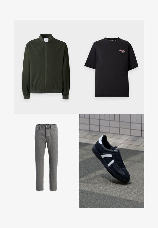 Olivgrüne Bomberjacke aus glattem Nylon, mit einem Reißverschluss vorne, gerippten Bündchen und einem runden Kragen. Keine sichtbaren Muster oder Akzente.; Schwarzes Baumwoll-T-Shirt mit lockerer Passform, kurzen Ärmeln und einem roten gestickten Logo auf der linken Brustseite. Glatte Textur, Rundhalsausschnitt-Design.; Graue Jeans aus Denim mit geradem Schnitt, fünf Taschen und Metallknopfverschluss. Der Stoff hat eine weiche, strukturierte Oberfläche.; Schwarze Leder-Sneaker mit weißen Streifen, strukturiertem Gummisohle und Schnürung. Verfügt über ein Markenetikett auf der Zunge.