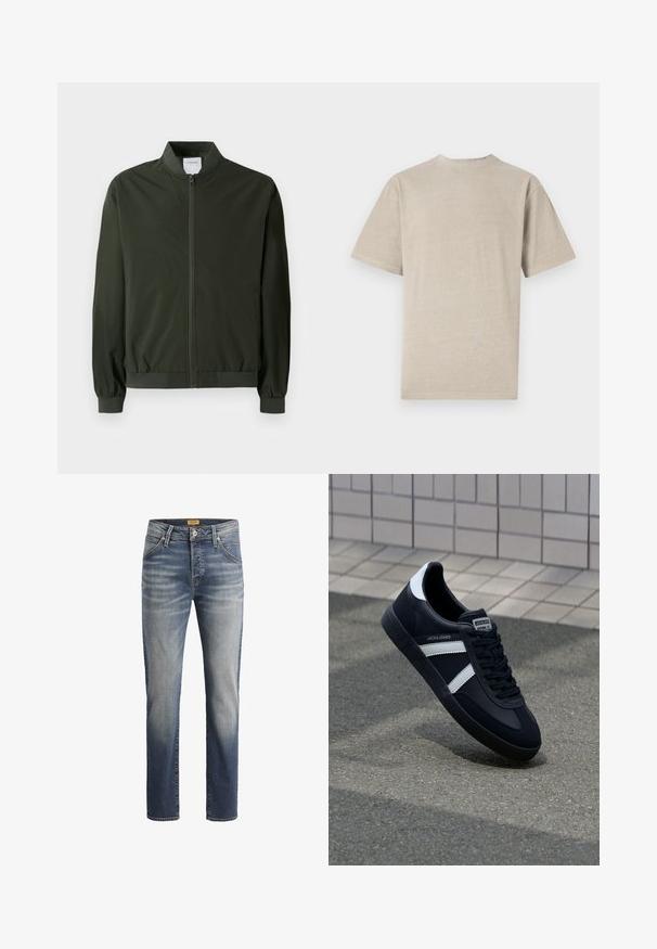 Olijfgroene bomberjack gemaakt van soepel nylon, met een rits aan de voorkant, ribgebreide manchetten en een ronde kraag. Geen zichtbare patronen of accenten.; Korte mouwen t-shirt in licht beige met een ronde hals, gemaakt van zacht materiaal, met een gladde textuur en een eenvoudig ontwerp zonder graphics.; Slim-fit jeans van denim stof, met een middelblauwe wassing, vijf zakken en gestikte accenten op de naden.; Zwarte leren sneaker met witte strepen, een gestructureerde rubberen zool en vetersluiting aan de voorkant. Voorzien van een merklabel op de tong.