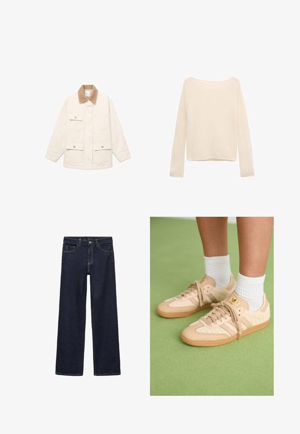 Cremefarvet jakke med et kordfløjlskrave, fire forlommer og trykknaplukninger. Lange ærmer med en lige skæring.; Cremefarvet langærmet sweater med bred halsudskæring og en let løs pasform.; Mørk denim jeans med en afslappet pasform. Har høj talje, fem lommer og kontraststing. Lige ben-design, uden udsmykning.; Fødder iført beige vævede Adidas sneakers med gummisåler og hvide ankelsokker på en grøn struktureret gulv.
