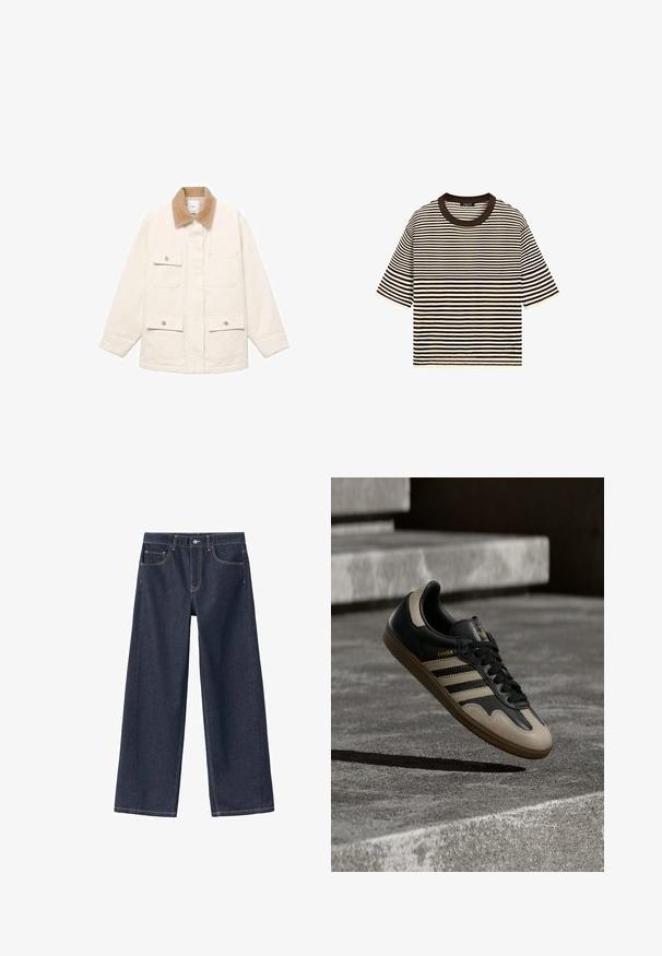 Crème-kleurige jas met een corduroy-kraag, vier voorklauwen en knoopsluitingen. Lange mouwen met een rechte snit.; Zwart-wit horizontaal gestreepte T-shirt met korte mouwen en een zwarte ronde halslijn, plat uitgespreid op een witte achtergrond.; Donkerblauwe denim wijde pijpen met een hoge taille, zichtbare stiksels, twee voorzakken en een knoopsluiting bij de tailleband.; Zwarte en beige leren sneaker met drie witte strepen, een beige rubberen zool en gouden "Samba"-details aan de zijkant.
