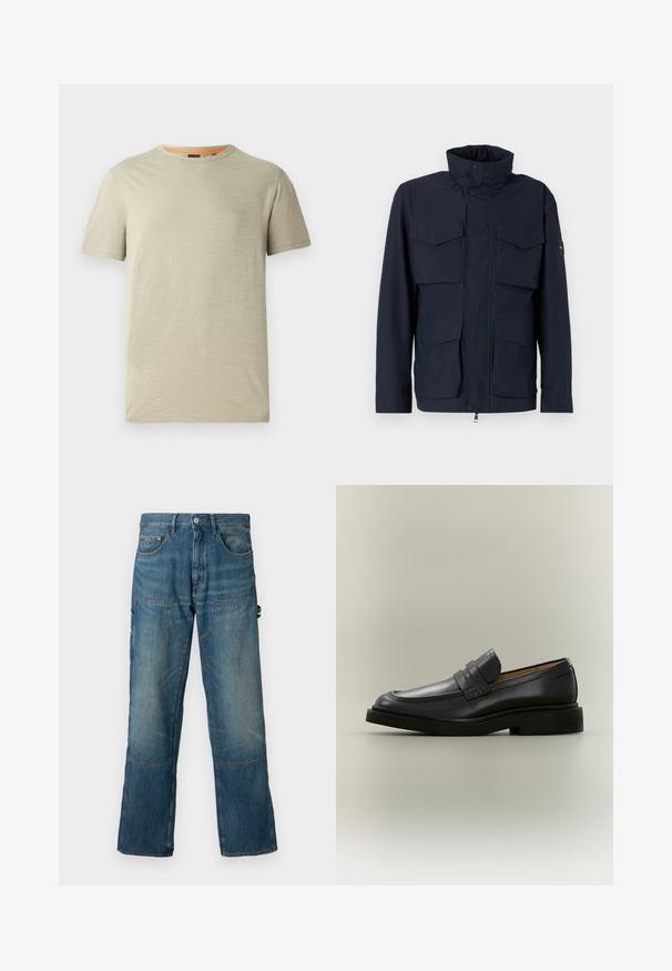 Veste d'extérieur bleu marine avec un col haut, deux grandes poches poitrine et une fermeture éclair à l'avant avec des boutons pression.; T-shirt vert clair à manches courtes en tissu texturé. Doté d'un col rond et d'un petit logo "BOSS" en relief sur la poitrine.; Jeans en denim de couleur bleu moyen, avec une coupe décontractée, des poches avant et des coutures contrastées. Comprend des détails en panneaux sur les jambes.; Mocassin homme en cuir noir avec un petit talon et une bride sur le dessus, montré de profil sur un fond neutre.