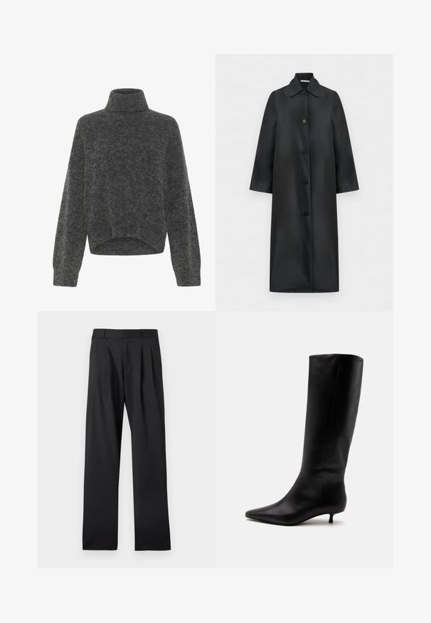Lang sort enkeltradet frakke med spids krave og fire knapper, lige snit og lange ærmer, vist på en hvid baggrund.; Mørkegrå, fuzzy turtleneck sweater med afslappet pasform og dropped shoulders. Blød tekstur og cropped kantdetalje. Ingen synlige lukninger.; Sorte formelle bukser med bæltestropper og folder, lige ben pasform, lagt fladt på en hvid baggrund.; Sort læder knæhøj støvle med spids snude og lav kittenhæl mod en ensfarvet lys baggrund.