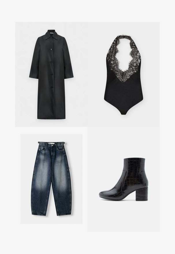 Lang sort enkeltradet frakke med spids krave og fire knapper, lige snit og lange ærmer, vist på en hvid baggrund.; Sort halterneck bodystocking med dyb V-udskæring og blondekant med blomsterformet mønster på fronten mod en hvid baggrund.; Blå denim bredbenet jeans med en falmet vask, der har en knaplukning, sidelommer og cargolommer på siderne.; Sort ankelstøvle lavet af skinnende læder med krokodillepræg. Har en rundet tå og en kraftig blokhæl. Glat tekstur og elegant design.