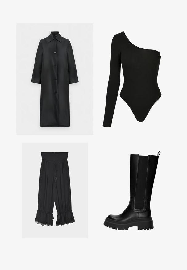 Manteau noir long à simple boutonnage avec col pointu et quatre boutons, coupe droite et manches longues, présenté sur fond blanc.; Bodysuit noir à épaule unique en tissu extensible, doté d'une manche longue d'un côté, d'ouvertures de jambe à taille haute et d'une silhouette ajustée.; Pantalon noir à jambes larges avec taille haute, ceinture à cordon avec pompons, bordure en dentelle sur les côtés et ourlets volantés avec détails en dentelle.; Bottes en cuir noir hautes jusqu'aux genoux avec panneaux latéraux élastiques, semelle en caoutchouc robuste et un talon épais. Texture lisse avec des détails de couture minimaux.