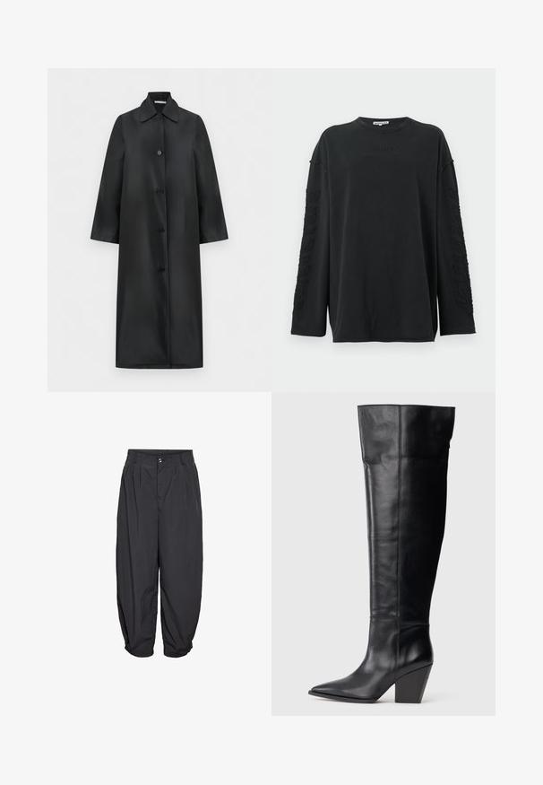 Manteau noir long à simple boutonnage avec col pointu et quatre boutons, coupe droite et manches longues, présenté sur fond blanc.; Chemise noire à manches longues avec des feuilles brodées discrètes le long des manches et un petit nom de marque embossé sur la poitrine, style col rond.; Pantalon noir ample avec plis devant, fermeture à bouton, passants pour ceinture et jambes légèrement fuselées s'arrêtant au-dessus de la cheville.; Botte noire en cuir, à bout pointu, avec un talon bloc haut et anglé, et des coutures verticales le long de la tige.