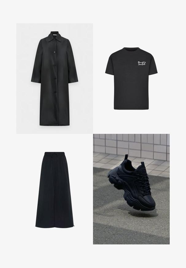 Lange zwarte mantel met een rij knopen, een puntige kraag, vier knopen, rechte snit en lange mouwen, afgebeeld op een witte achtergrond.; Zwarte katoenen t-shirt met een ronde hals. Bevat witte tekst, waaronder Japanse karakters en "Slurp Away", op de linkerborst.; Zwarte wijdvallende broek met een elastische tailleband en een verstelbaar trekkoord. Gemaakt van een lichte stof met een gladde textuur. Geen zichtbare patronen.; Zwarte leren sneaker met een chunky ontwerp, voorzien van een dikke zool, getextureerde panelen en zwarte veters. Drijvend boven een grijze stoep.