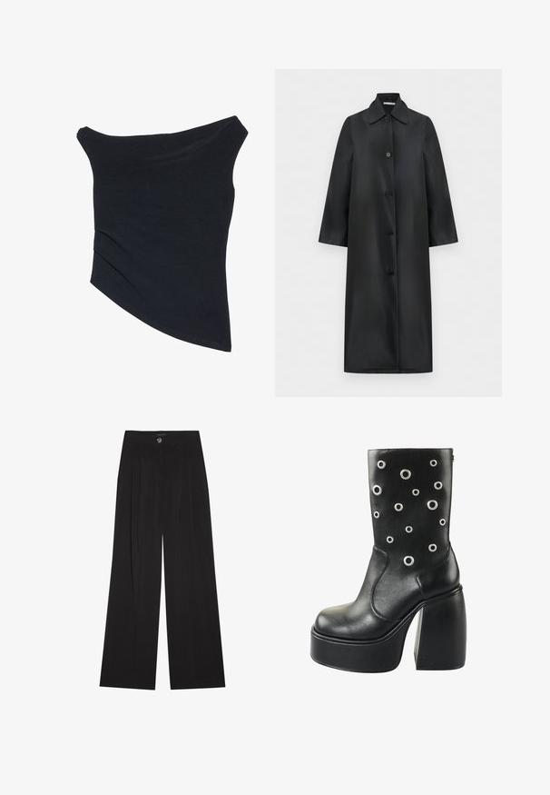 Abrigo largo negro de un solo pecho con cuello puntiagudo y cuatro botones, corte recto y mangas largas, exhibido sobre un fondo blanco.; Top negro, con tirantes caídos, de diseño ajustado, con un dobladillo asimétrico y una textura suave y lisa. Presenta tela fruncida en el escote.; Pantalones negros de pierna ancha confeccionados en tela suave, con cintura alta, pliegues frontales y cierre con un solo botón. Textura suave y diseño elegante a medida.; Botín de tobillo de plataforma de cuero negro con grandes acentos de ojales plateados, punta redonda y un tacón grueso alto para mayor altura.