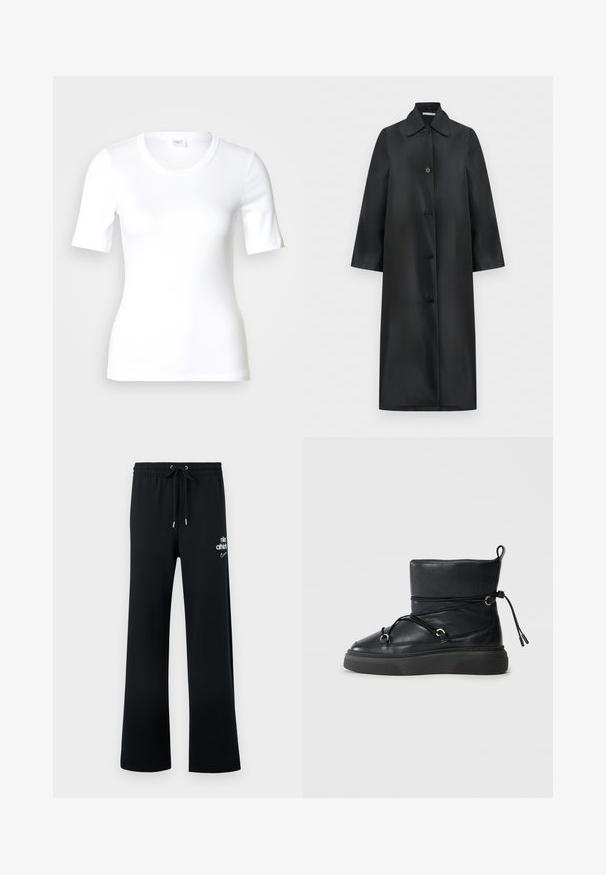 Manteau noir long à simple boutonnage avec col pointu et quatre boutons, coupe droite et manches longues, présenté sur fond blanc.; T-shirt blanc à manches courtes en coton lisse, doté d'un col rond et d'une coupe ajustée. Design classique, sans motifs ni accents.; Pantalon de survêtement noir en tissu doux avec une coupe ample, doté d'une taille élastique, d'un cordon de serrage et de détails de logo blancs.; Bottine en cuir noir avec un bout arrondi, deux sangles prononcées avec des éléments métalliques, et une semelle épaisse noire. Dessus à l'aspect décontracté.
