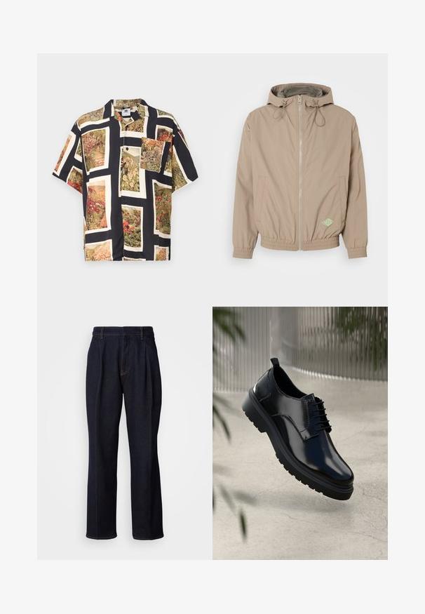 Veste à capuche beige clair en tissu lisse avec une fermeture éclair frontale, un ourlet élastique et un accent logo vert en bas à droite.; Chemise à manches courtes avec boutons en noir ornée d'imprimés floraux vibrants dans des cadres rectangulaires. Fabriquée en tissu léger avec une coupe décontractée.; Jean en denim large à jambes bleues foncées avec des plis devant et des coutures orange, présenté sur fond blanc.; Chaussure en cuir noir avec une finition brillante, bout rond, design à lacets, surpiqûres contrastantes, et semelle épaisse en caoutchouc avec motifs de relief.