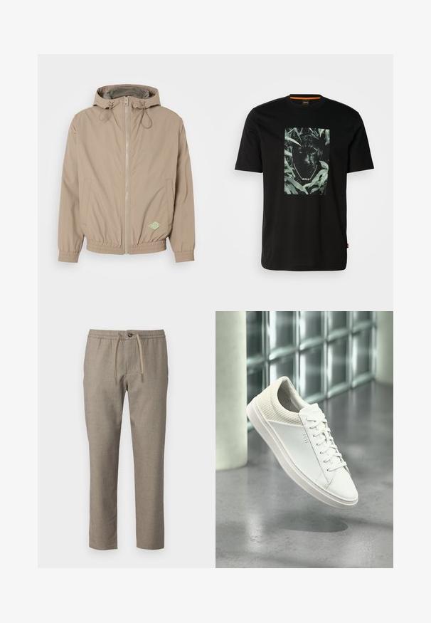 Lys beige hættejakke lavet af glat stof med frontlynlås, elastisk kant og grøn logoaccent på nederste højre side.; Sort bomulds t-shirt med et centralt grafik af en panter omgivet af blade, med en kædekrave og "BOSS" tekst. Korte ærmer.; Beige bukser med elastisk talje, snor til lukning og lige ben. Materialet har en subtil tekstur.; Hvid sneaker med lavt snit, quiltet hæl og mærket "BOSS" på siden, vist svævende indendørs på en grå poleret gulv.
