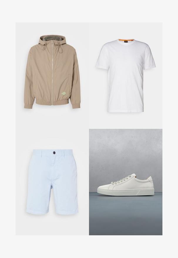 Helle beige Kapuzenjacke aus glattem Stoff mit einem Frontreißverschluss, elastischem Saum und grünem Logo-Akzent auf der unteren rechten Seite.; Weißes Baumwoll-T-Shirt mit Rundhalsausschnitt, kurzen Ärmeln und einem dezenten geprägten Logo auf der Brust. Das Innenschild hat einen orangefarbenen Akzent.; Hellblaue Baumwollshorts mit einem vorderen Knopfverschluss, Gürtelschlaufen und geradem Schnitt. Glatte Textur ohne sichtbare Muster.; Weißes Leder-Sneaker mit abgerundetem Zehenbereich, minimalistisches Design, graue Schnürsenkel und einer strukturierten grauen Gummisohle. Dezente Nähte sichtbar.