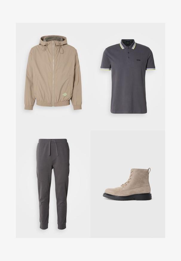 Lichtbeige beweegbare jas met capuchon, gemaakt van gladde stof, met een rits aan de voorkant, een elastische onderrand en een groen logoaccent aan de rechteronderzijde.; Grijze polo shirt van katoen met een drieknoopsluiting, met contrasterende geel en witte gestreepte accenten op de kraag en mouwen.; Grijze joggingsbroek gemaakt van zachte stof met een elastische tailleband, voorzien van zijzakken en een taps toelopend ontwerp aan de enkels.; Beige suède enkellaarsjes met zwarte rubberen zool, vetersluiting en een klein logo dat aan de zijkant is gedrukt, voorzien van een trekloop aan de achterkant.