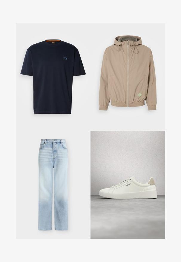 Lys beige hættejakke lavet af glat stof med frontlynlås, elastisk kant og grøn logoaccent på nederste højre side.; Marineblå bomulds t-shirt med rund halsudskæring. Har et lille logo på brystet og en kontrasterende orange detalje ved halsudskæringen. Korte ærmer.; Lyseblå, højtaljede jeans med rette ben, forlommer, bæltestropper og knaplukning.; Hvid lav sneaker med snørebånd og beige hælflap med mærket "HUGO," svævende over en poleret betonflade nær en glasblokvæg.