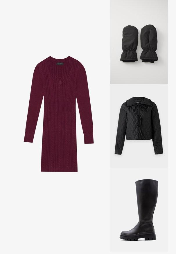 Mustikasest, tikitud jope pikkade varrukatega, volangkaelusega ja kolme esiseotega, ripub valge tausta taustal.; Bordo kudum Kleid V-kaelusega, pikkade varrukatega, soonikute käistega ja kogu kleidi ulatuses toruknitti mustriga. Kerge talje disain.; Must nahakummiga üle põlve ulatuv nahasaabas paksu soonilise tallaga ja ümarate varbavahega, nähtav vasakult küljelt tavalise heleda tausta ees.; Mustad voodriga mustad kindad, millel on elastsed mansetid, sujuva välispinnaga ja soonikkoesisesega, et tagada soe ja mugavus.