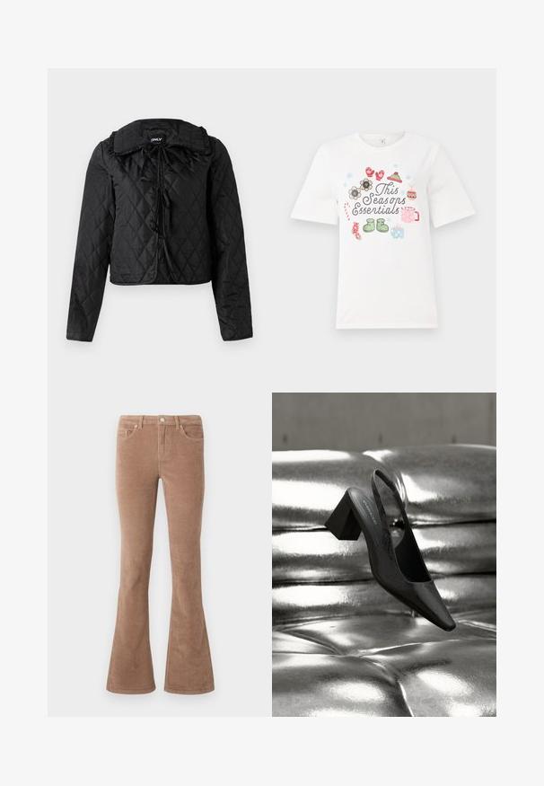Veste matelassée noire avec manches longues, col volanté et trois fermetures à nouer à l'avant, suspendue sur un fond blanc.; T-shirt blanc à manches courtes avec un design coloré portant le texte "Les essentiels de cette saison" et diverses illustrations saisonnières, y compris des fleurs et des cadeaux.; Pantalons en velours côtelé marron évasés avec une surface texturée, dotés de cinq poches, d'une fermeture à bouton et de passants de ceinture.; Escarpin noir à bride arrière avec bout pointu, présentant une surface texturée et un talon bloc épais. Posé sur un fond métallique brillant.