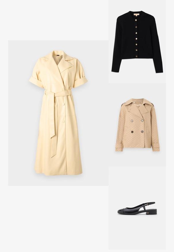 Beige kaksirivinen trenssitakki leveillä kauluksilla, neljä eriväristä nappeja, sivutaskut ja hillitty "MK"-logo-kuvio koko takissa.; Mustakardigaani valmistatud pehme kangast, millel on ümar kaelus, pikad varrukad ja kuus kuldset nööpi ees.; Vaaleankeltainen vyöllinen mekko, jossa on lyhyet hihat, lovellinen kaulus ja etunapit. Valmistettu sileästä, kevyestä kankaasta.; Mustekäsineinen musta nahkasandaali, jossa on pyöreä nuppi, matala lohkoheel ja sivuleikkaus, jossa on kullanvärinen koriste.