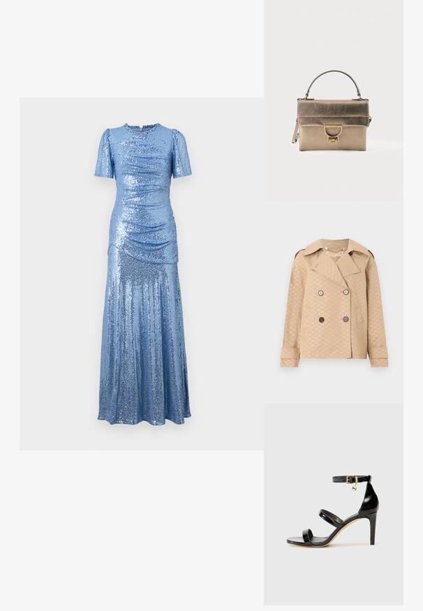 Beiger doppelt geknöpfter Trenchcoat mit breiten Revers, vier kontrastierenden Knöpfen, Seitentaschen und subtilem durchgehendem "MK"-Logo-Muster.; glitzerndes blaues Kleid mit tailliertem Oberteil, kurzen Puffärmeln und einem fließenden Rock. Verfügt über Raffung an den Seiten für zusätzliche Textur.; Schwarze Lackleder-Sandale mit drei Riemen, Knöchelriemen und 10 cm hohen Stiletto-Absatz. Verfügt über goldfarbene Hardware-Details und ein Logo-Charm.; Metallisch strukturierte Lederhandtasche mit einem oberen Griff und goldfarbenem rechteckigem Verschluss auf neutralem Hintergrund.