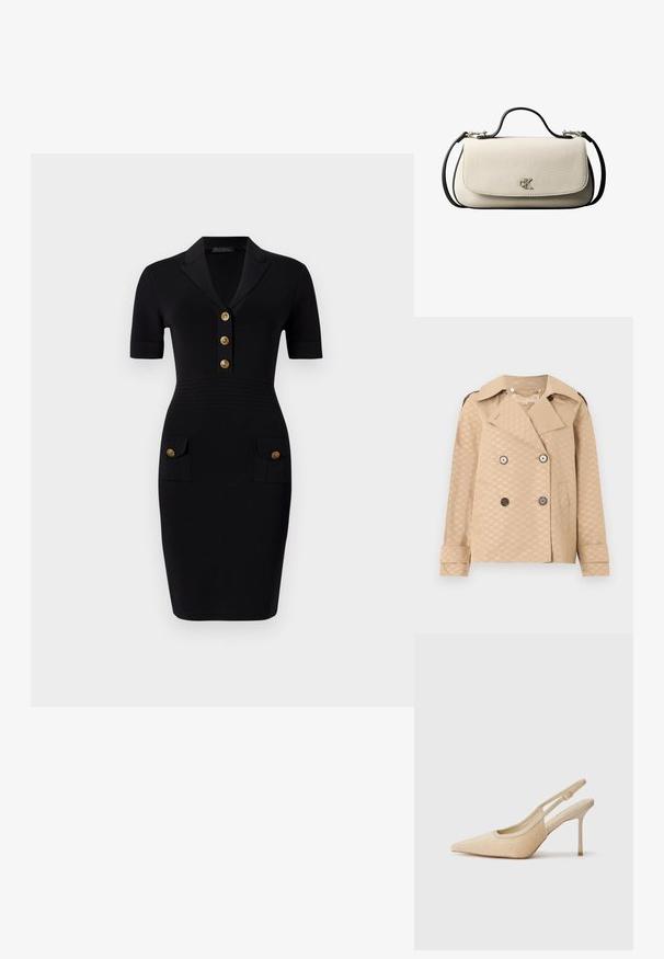 Beige dobbeltradet trenchcoat med brede slag, fire kontrasterende knapper, sidelommer og et diskret altomfattende "MK"-logomønster.; Sort tætsiddende kjole med korte ærmer, krave, fem guldknapper og to frontlommer med matchende knapper. Glat stofstruktur.; Beige slingback højhælede sko med spids tå, lavet af tekstureret materiale, med en slank hæl og justerbar rem.; Cremefarvet rektangulær håndtaske med sort rem og håndtag, foran klaplukning samt lille sølvfarvet "cK" logo midt foran.