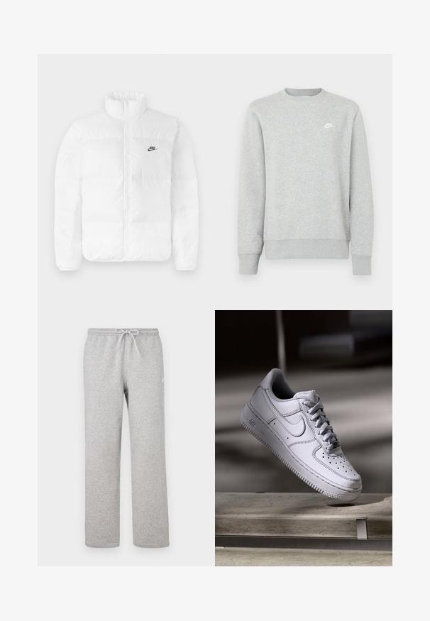 Hvid pufferjakke med høj krave, lynlås, og sort Nike-logo på venstre bryst. Glat tekstur, quiltet design og polstret.; Grå sweatshirt lavet af blødt fleece-materiale, med ribstrikkede manchetter og kant, samt et lille hvidt Nike-logo på brystet.; Grå joggingbukser med elastisk talje og snor. Fremstillet af blødt stof, de har lige ben og diskret logodetalje.; Hvid læder Nike Air Force 1 sneaker med perforeret tå, flade snørebånd og tekstureret gummisål med "AIR" branding på siden.